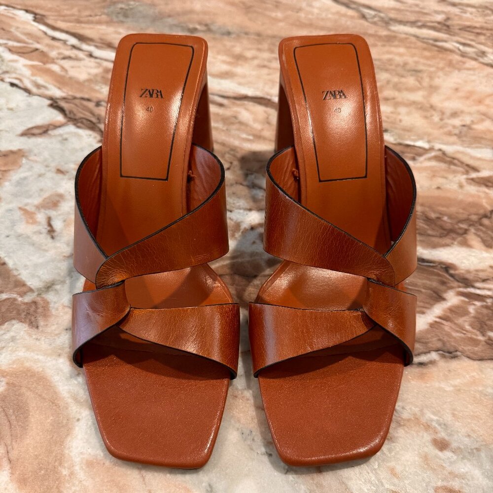 Zara brown block heel leather sandal - size 9